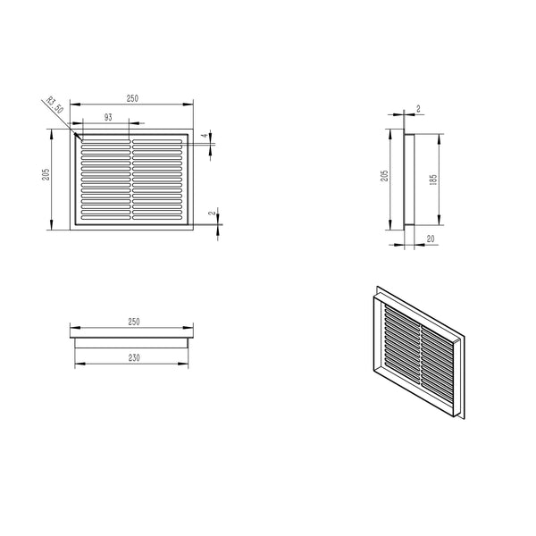 Ventilationsrist Sort - 25x20,5 cm - 210 cm²