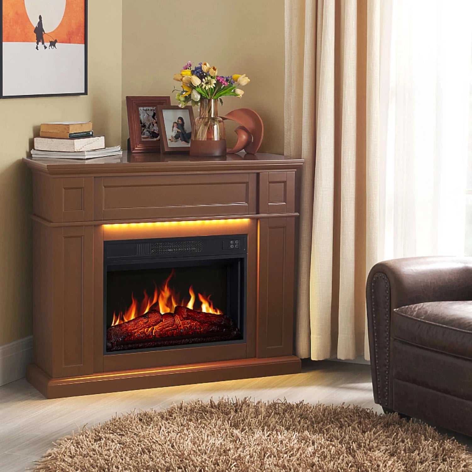 Cheminée électrique Linz 2-en-1 – Marron. Créez un cocon élégant et chaleureux, installation facile et sécurité garantie.