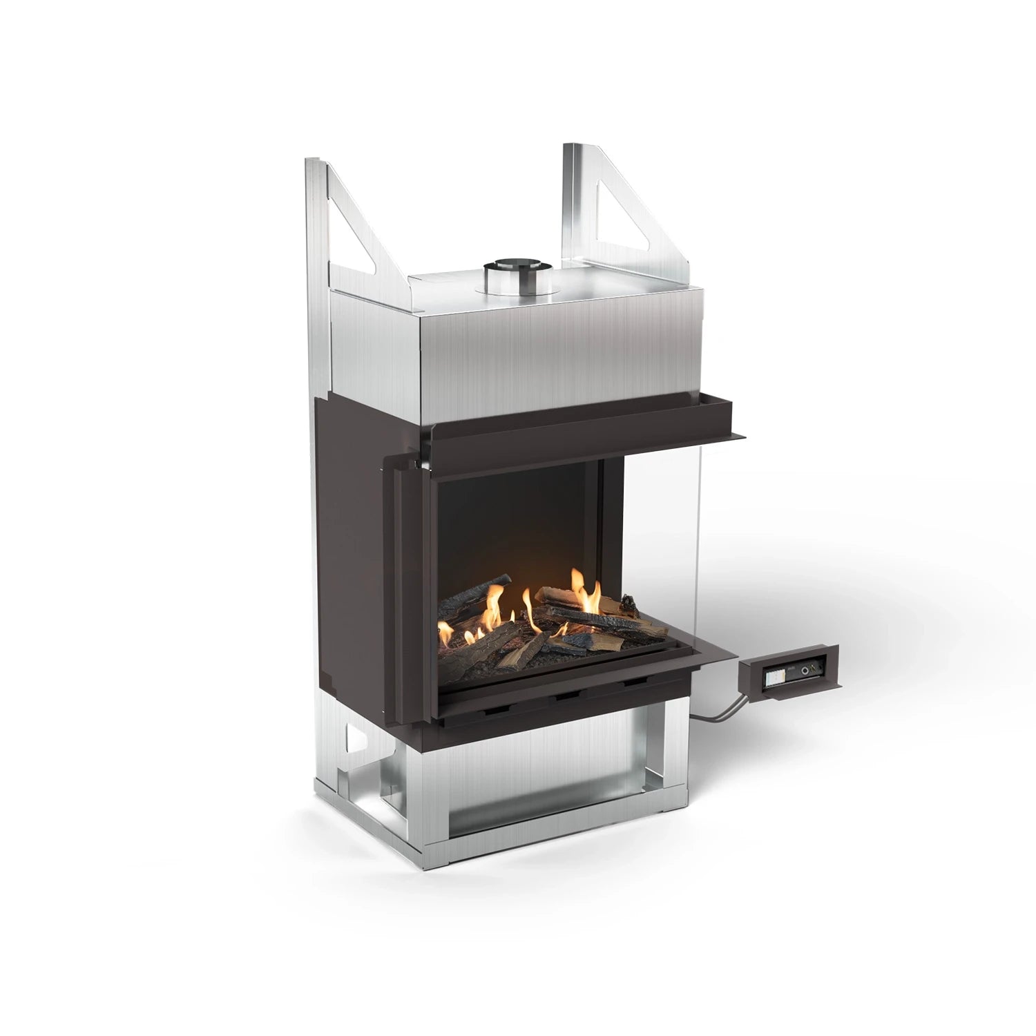 Planika Sono Right Corner bioethanol fireplace with right-side flame view and black finish on white background