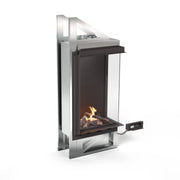 Planika Vitro Right Corner glass-enclosed bioethanol fireplace with black finish on white background