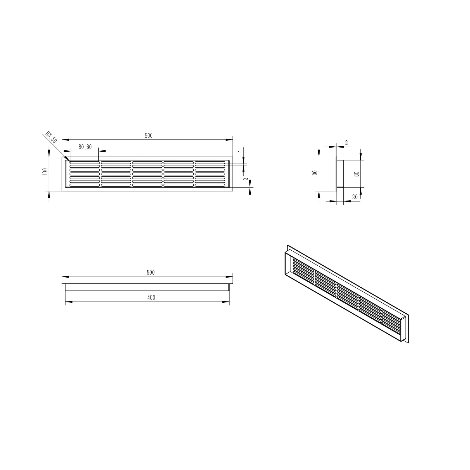 Grille de Ventilation Noire 50x10 cm - 214 cm²